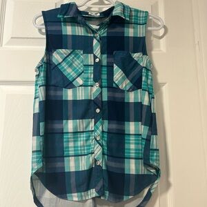 Plaid Sleeveless Shirt - Blue and Green